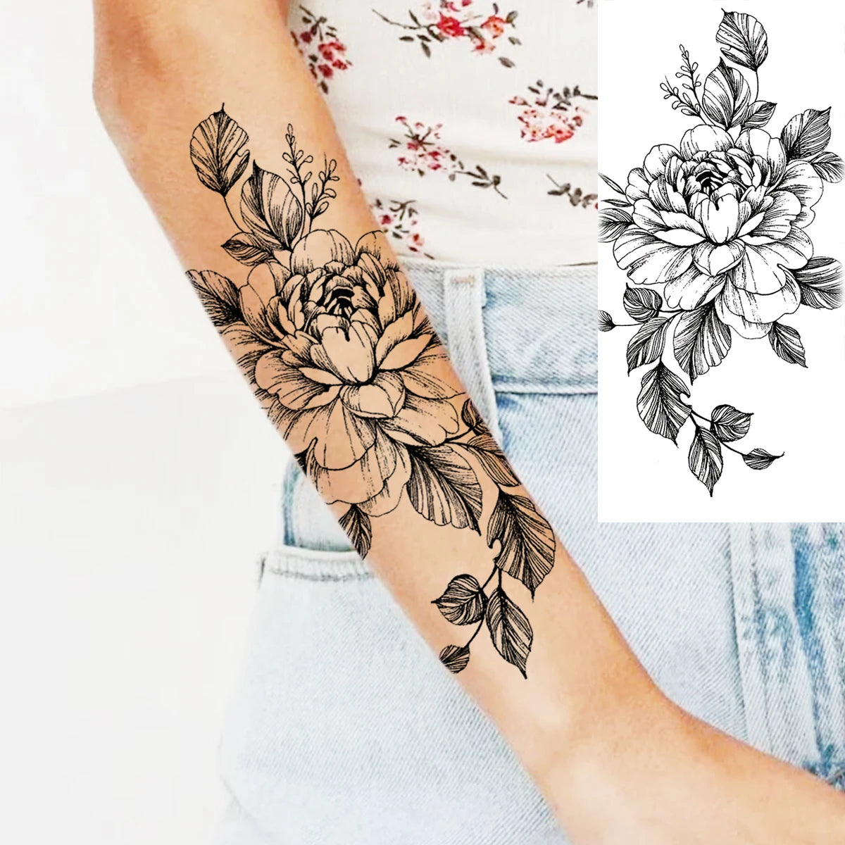 Dospita  -  Black Realistic Rose Flower Temporary Tattoos For Women Adult Girl Peony Realistic Fake Tattoowashable Half Sleeve Tatoos Decal