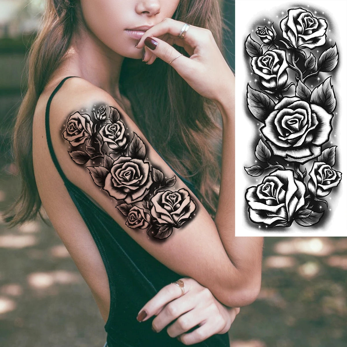 Dospita  -  Black Realistic Rose Flower Temporary Tattoos For Women Adult Girl Peony Realistic Fake Tattoowashable Half Sleeve Tatoos Decal