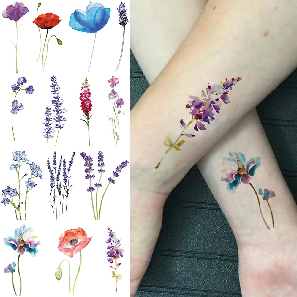 Dospita  -  3D Watercolor Lavender Flower Temporary Tattoos For Women Body Art Arm Fake Flora Adults Tattoo Sticker Waterproof Girls Tatoos