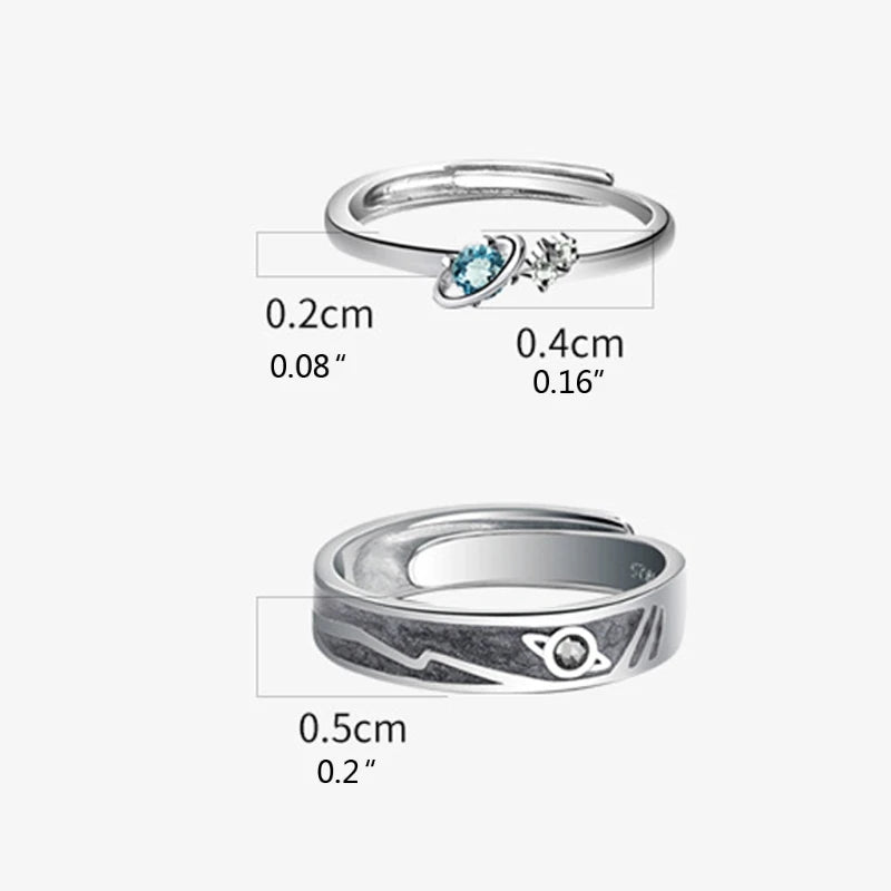 Dospita 2Pc Trendy Saturn Planet and Stars Universe Galaxy Silver Lover Ring Matching Set Sea Blue Fashion Jewelry