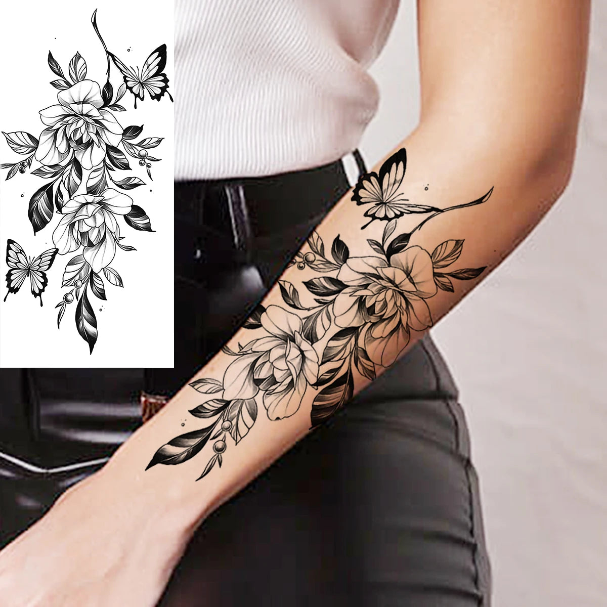 Dospita  -  Black Realistic Rose Flower Temporary Tattoos For Women Adult Girl Peony Realistic Fake Tattoowashable Half Sleeve Tatoos Decal