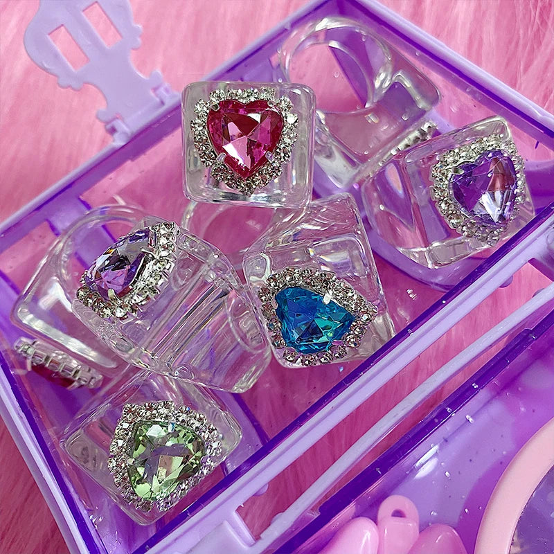 Dospita Egirl Aesthetic Rainbow Crystal Peach Heart Rings for Women Y2K Jewelry Harajuku Cute DIY Shiny Rings 2000s Fashion Friends Gift