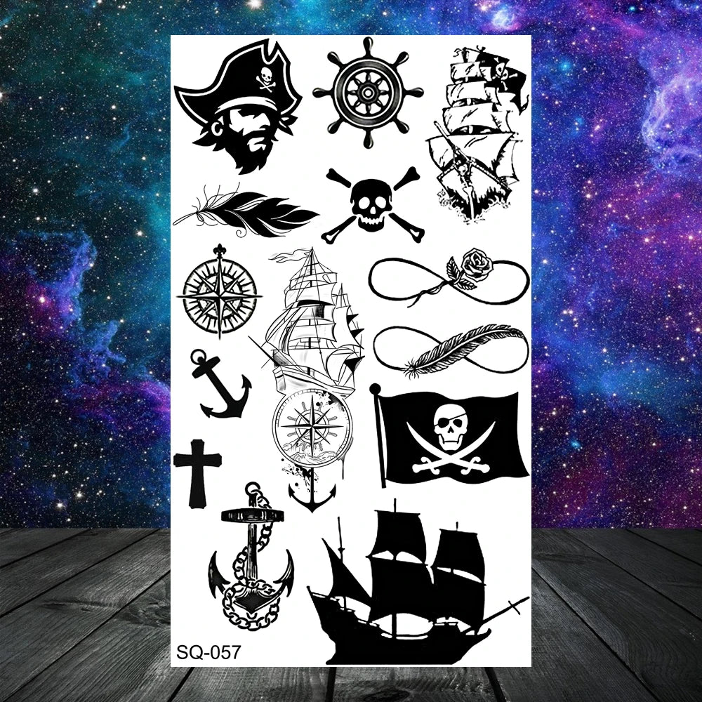 Dospita  -  Anchor Pirate Skull Temporary Tattoos For Women Adult Men Kids Boy Astronaut Ship Seahorse Fake Tattoo Neck Arm Hand Small Tatoo