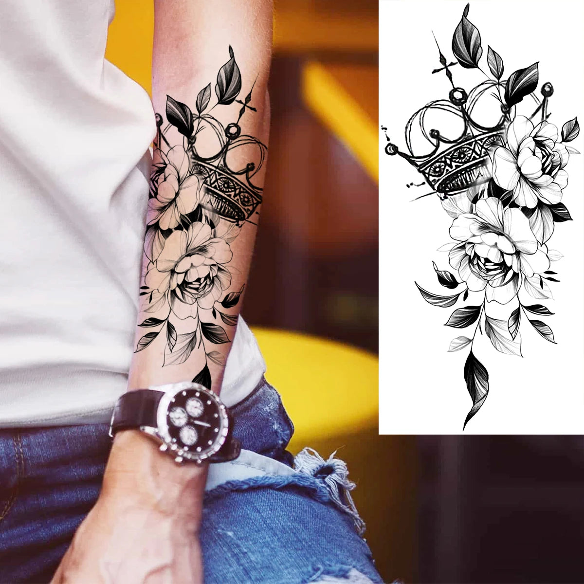 Dospita  -  Black Realistic Rose Flower Temporary Tattoos For Women Adult Girl Peony Realistic Fake Tattoowashable Half Sleeve Tatoos Decal