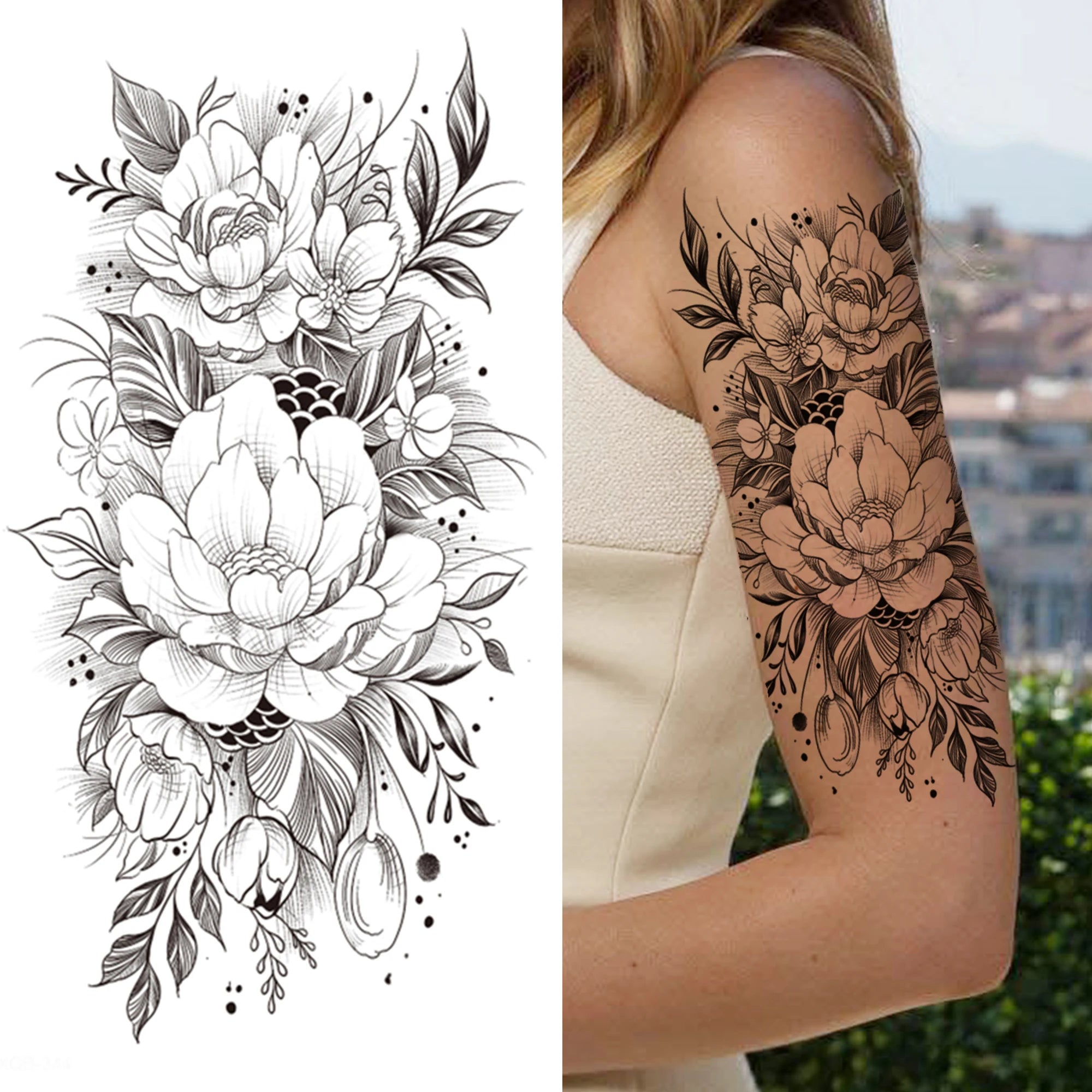 Dospita  -  Black 3D Rose Temporary Tattoo For Women Girls Adult Peony Dahlia Flower Tattoos Sticker Black Flora Glory Geometric Arm Tatoos