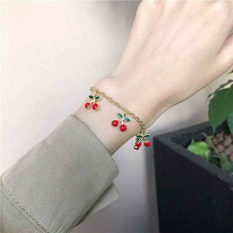 Dospita Cute Sweet Red Cherry Bracelet Lover Girlfriends Fashion Accessories Jewelry Lucky Sisters Gift Pendant Bracelet Wholesale