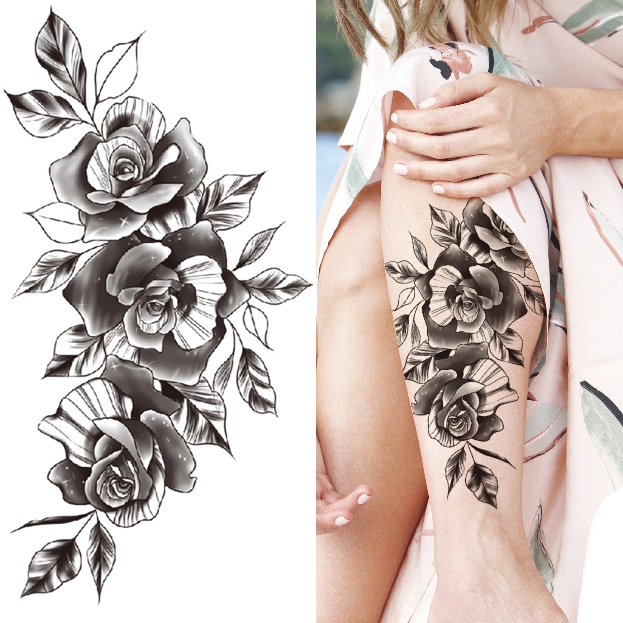 Dospita  -  Black 3D Rose Temporary Tattoo For Women Girls Adult Peony Dahlia Flower Tattoos Sticker Black Flora Glory Geometric Arm Tatoos