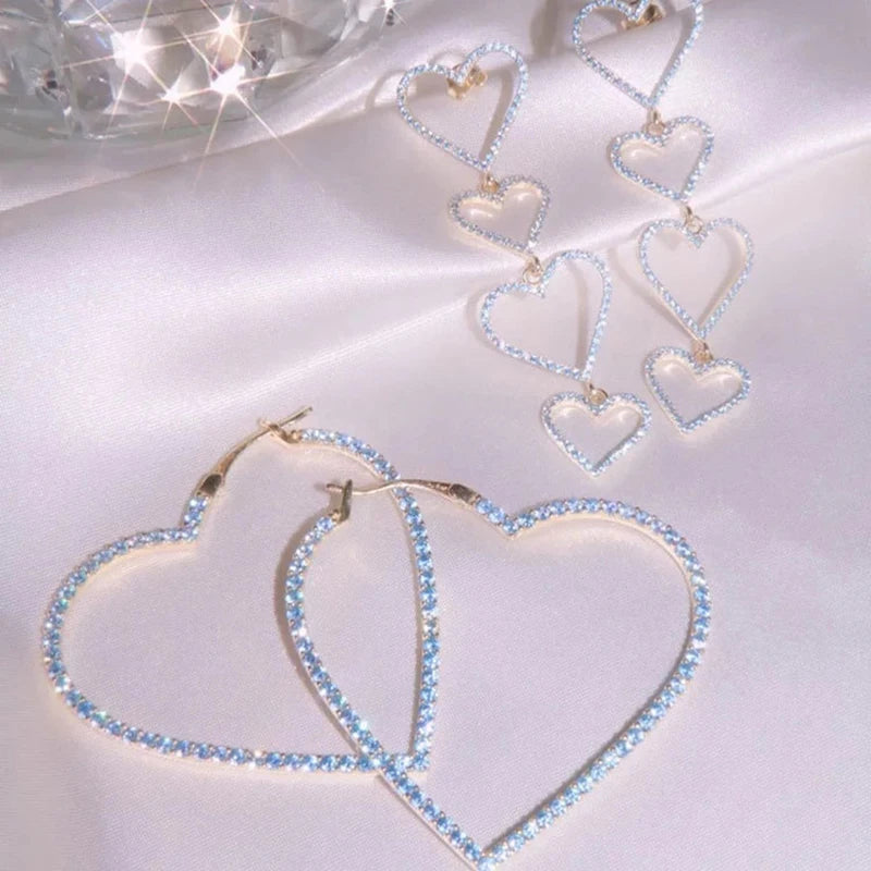 Dospita New Ins Simple Heart-shaped Rhinestone Earrings Creative Love Heart Pink Blue Earrings For Women Girls Fashion Y2K Jewelry