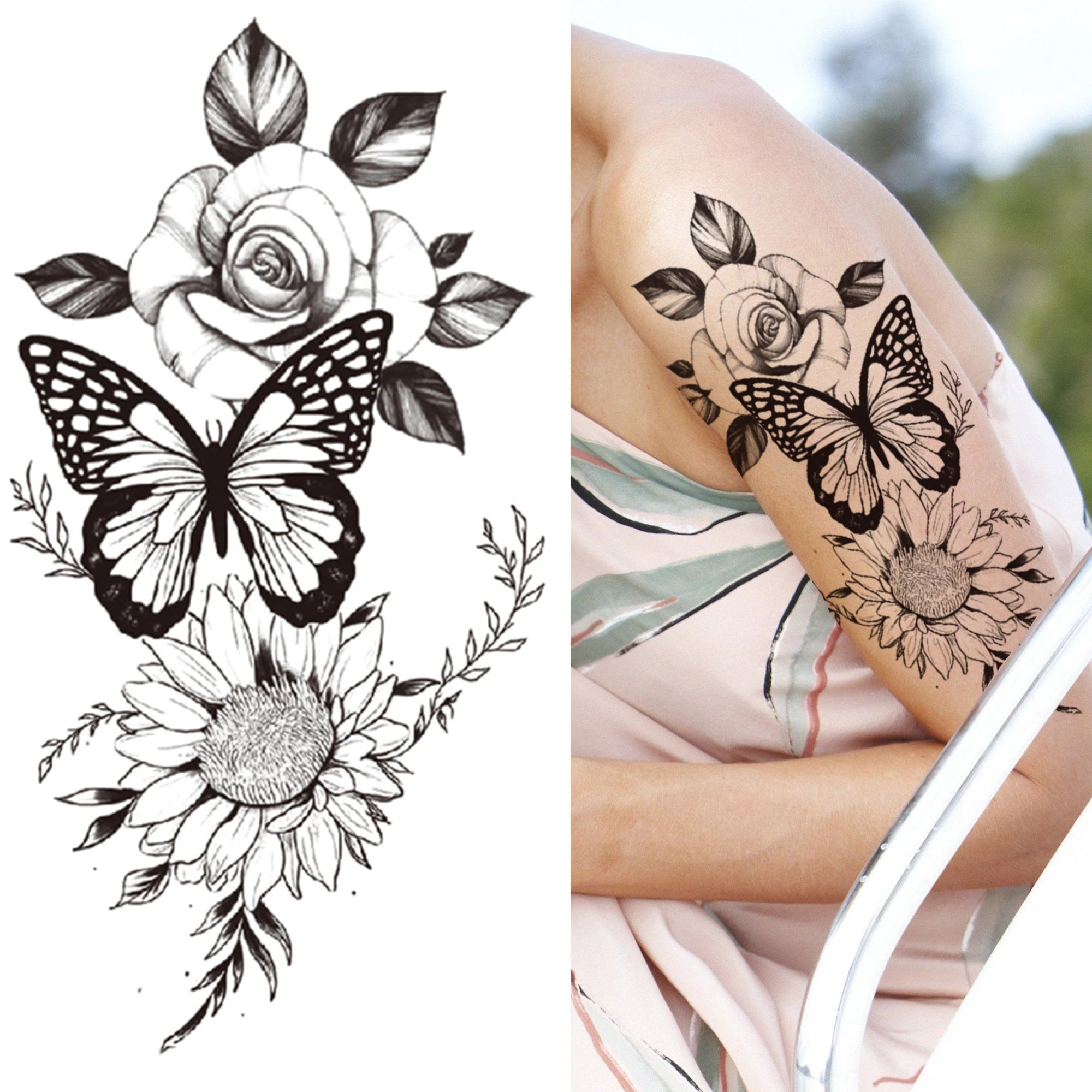 Dospita  -  Black 3D Rose Temporary Tattoo For Women Girls Adult Peony Dahlia Flower Tattoos Sticker Black Flora Glory Geometric Arm Tatoos