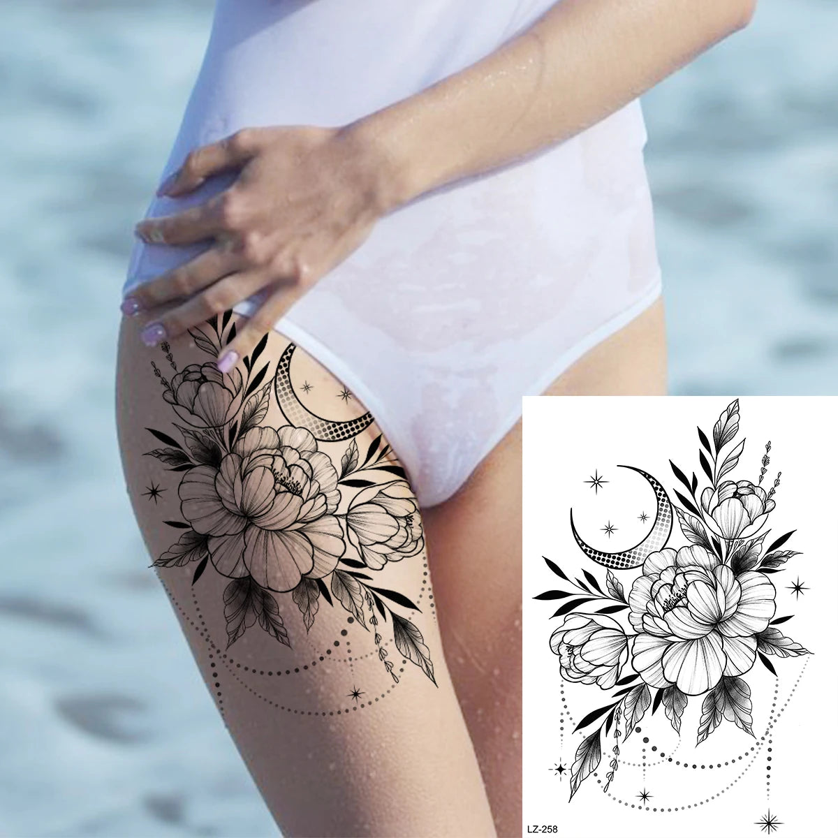 Dospita  -  3D Black Rose Flower Mandala Pendant Temporary Tattoos For Women Adult Lotus Peony Compass Fake Tattoo Sexy Thigh Washable Tatoo