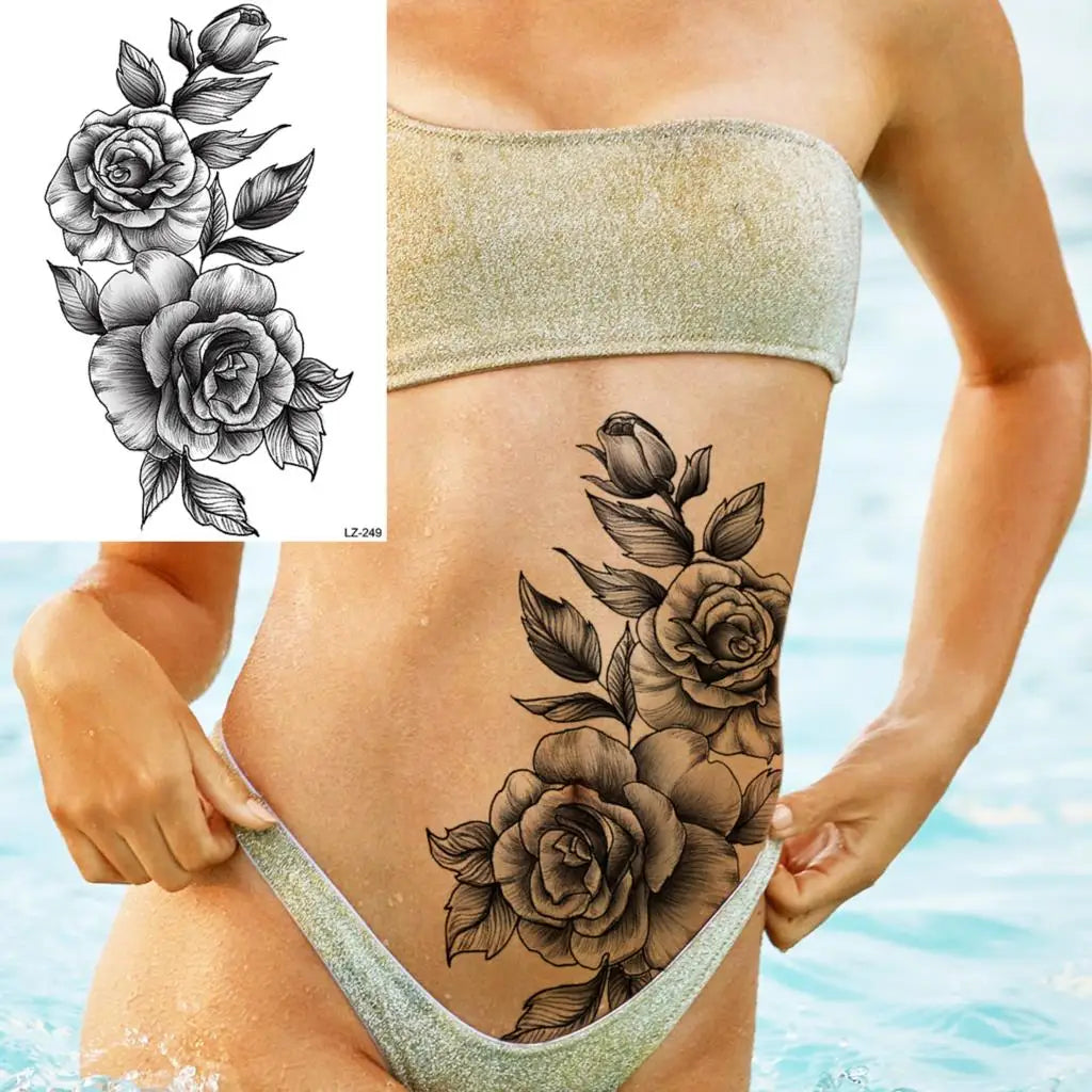 Dospita  -  3D Black Rose Flower Mandala Pendant Temporary Tattoos For Women Adult Lotus Peony Compass Fake Tattoo Sexy Thigh Washable Tatoo