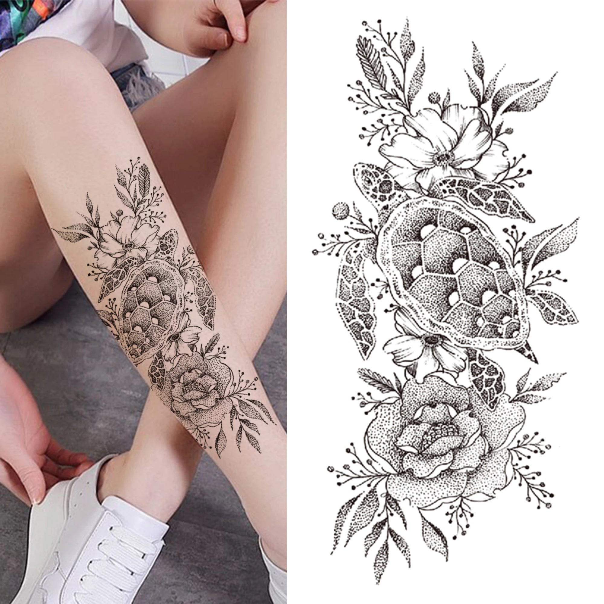 Dospita  -  Black 3D Rose Temporary Tattoo For Women Girls Adult Peony Dahlia Flower Tattoos Sticker Black Flora Glory Geometric Arm Tatoos