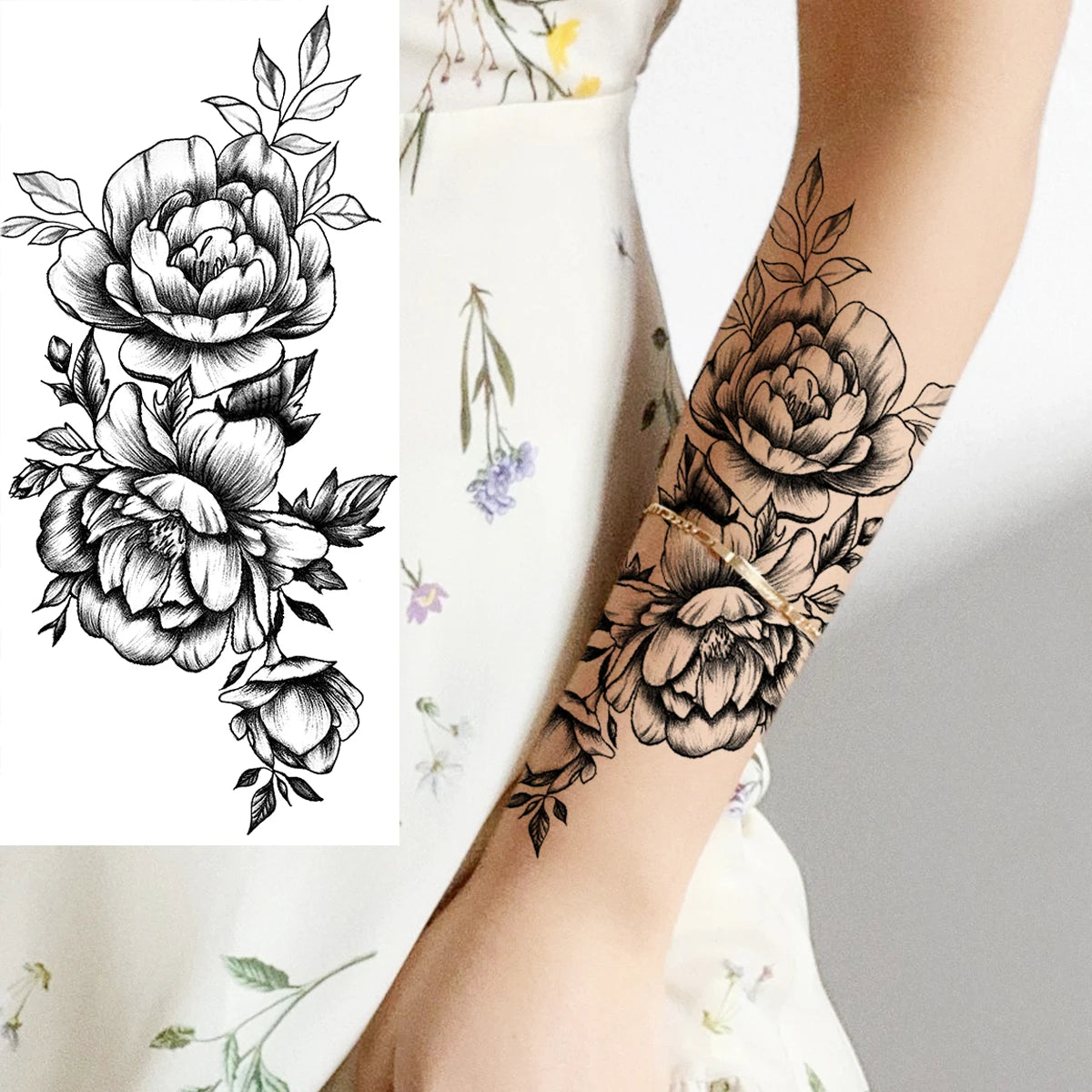 Dospita  -  Black Realistic Rose Flower Temporary Tattoos For Women Adult Girl Peony Realistic Fake Tattoowashable Half Sleeve Tatoos Decal