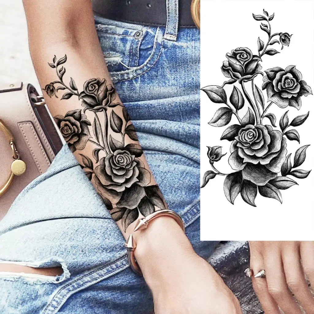 Dospita  -  Black Realistic Rose Flower Temporary Tattoos For Women Adult Girl Peony Realistic Fake Tattoowashable Half Sleeve Tatoos Decal