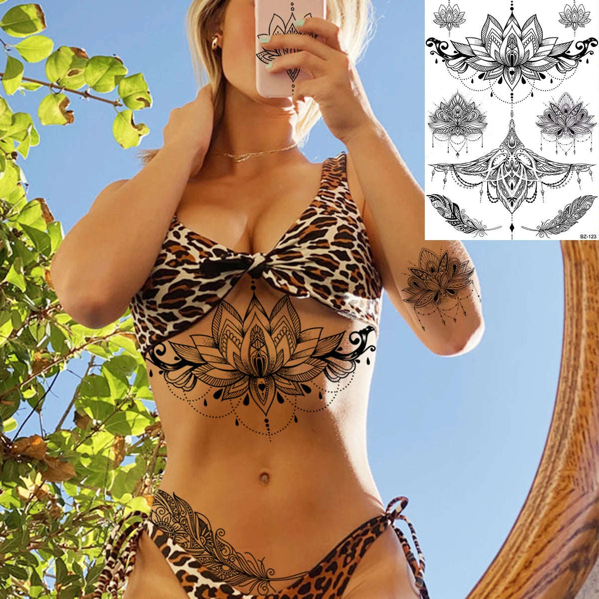 Dospita  -  Black Henna Lotus Pendant Temporary Tattoos For Women Adult DreamCatcher Elephant Fake Tattoo Body Art Underboob Tatoos