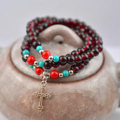 Dospita New Vintage Prayer Red Beaded Elastic Bracelet Creative Strand Bracelets For Women Men Unisex Trendy Fashion Jewelry Gifts