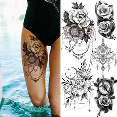 Dospita  -  3D Black Rose Flower Mandala Pendant Temporary Tattoos For Women Adult Lotus Peony Compass Fake Tattoo Sexy Thigh Washable Tatoo