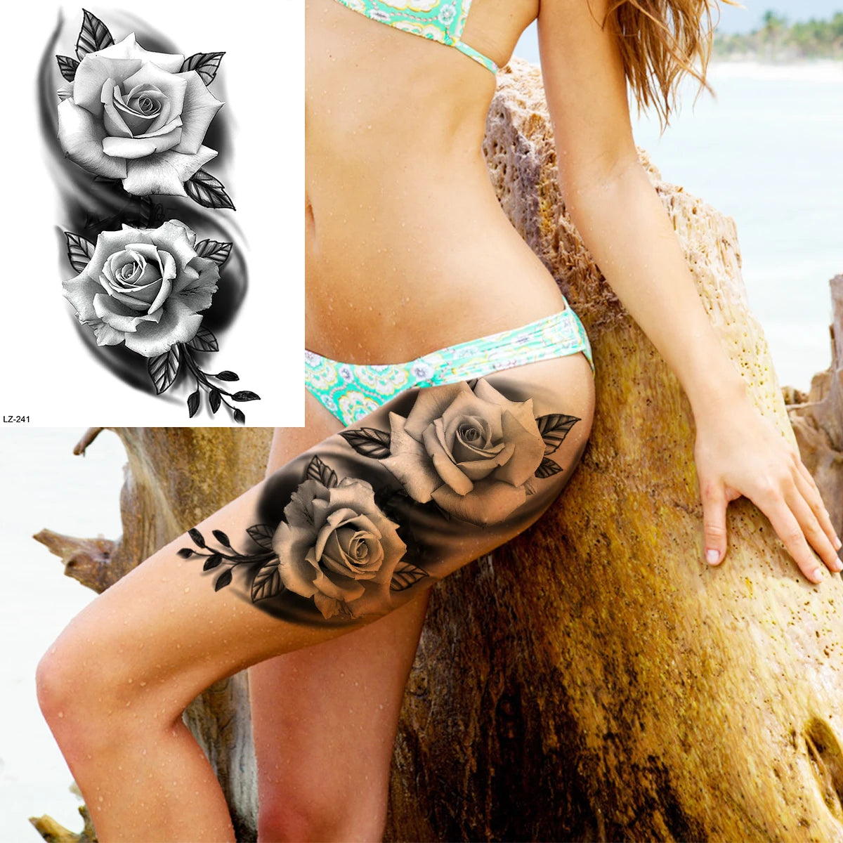 Dospita  -  3D Black Rose Flower Mandala Pendant Temporary Tattoos For Women Adult Lotus Peony Compass Fake Tattoo Sexy Thigh Washable Tatoo