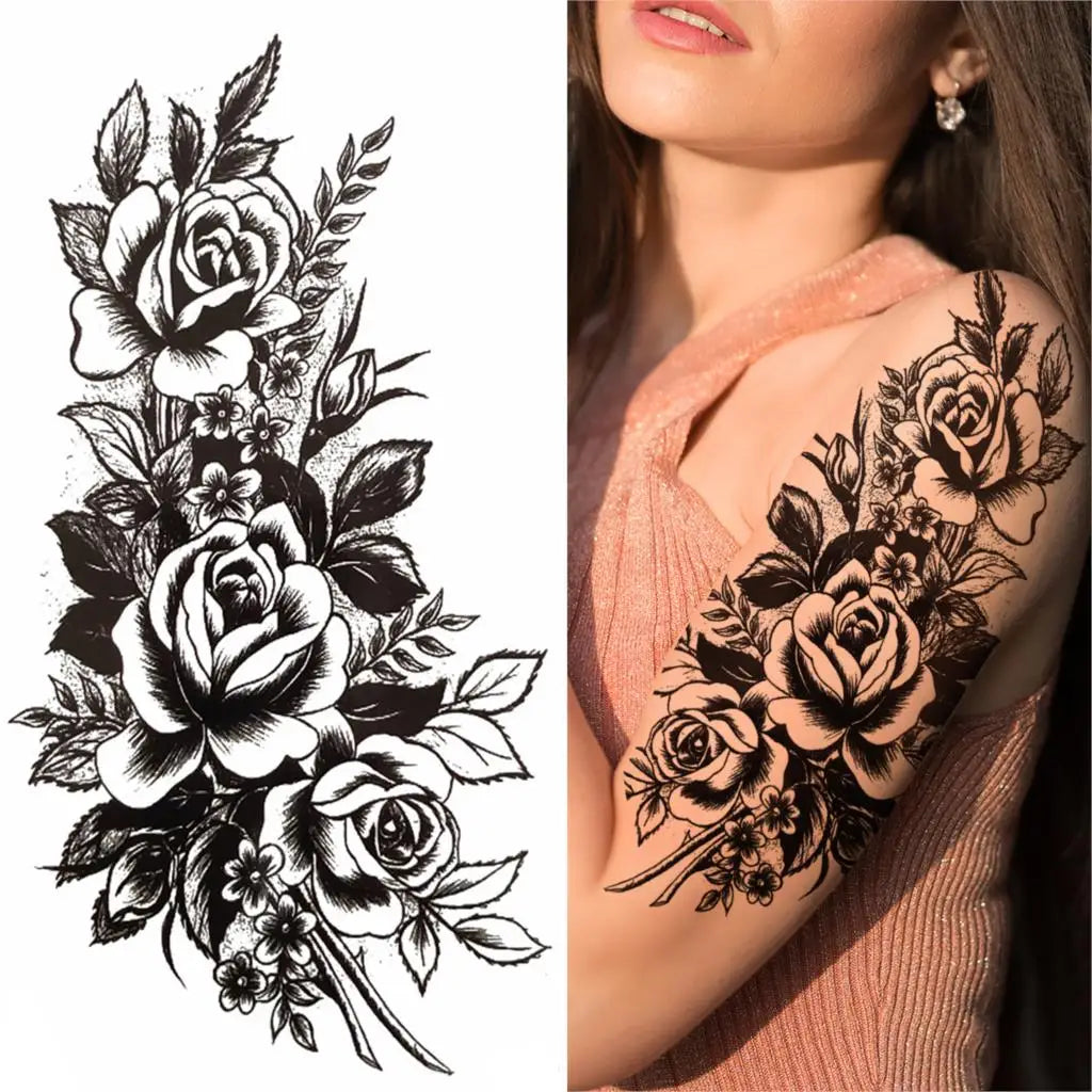 Dospita  -  Black 3D Rose Temporary Tattoo For Women Girls Adult Peony Dahlia Flower Tattoos Sticker Black Flora Glory Geometric Arm Tatoos