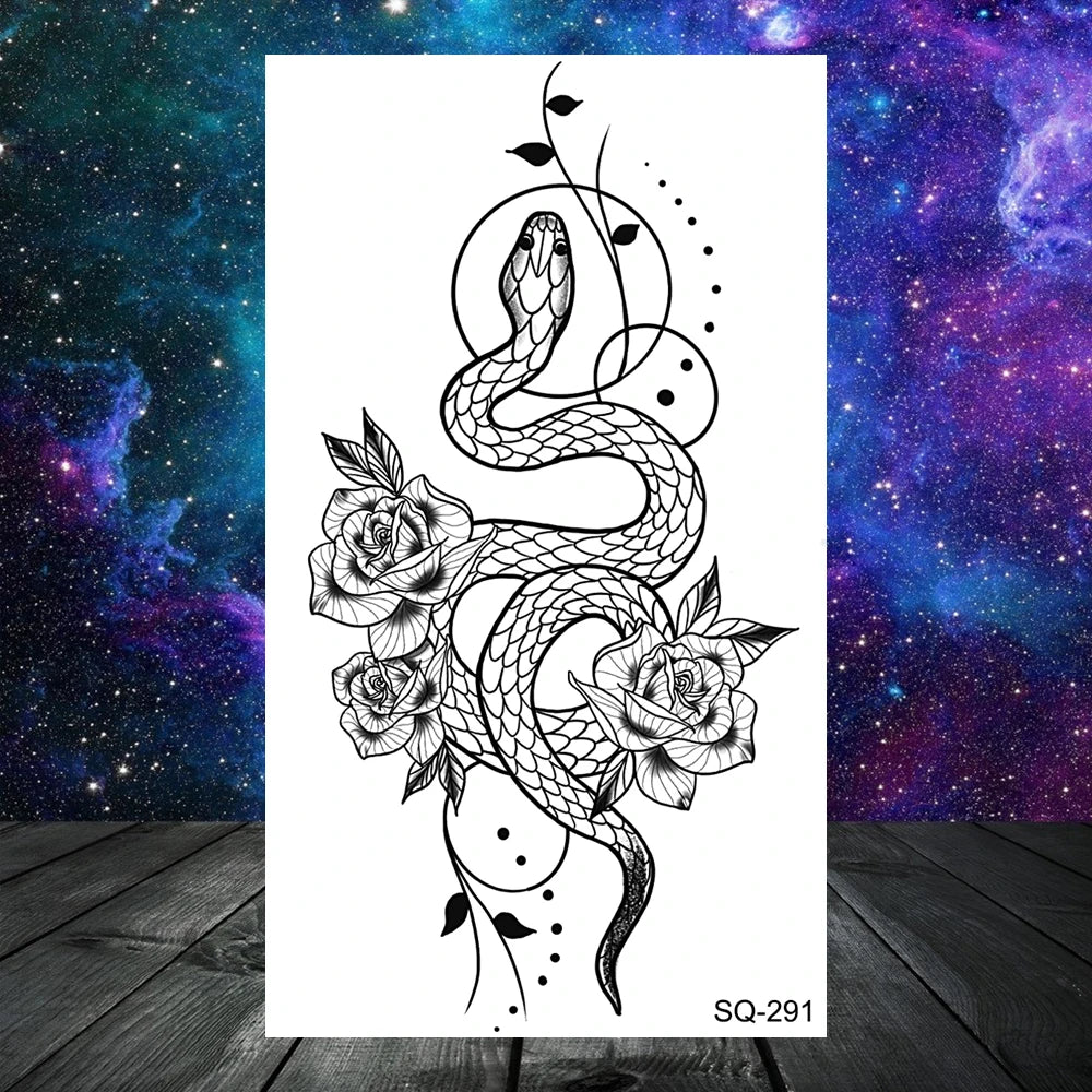 Dospita  -  3D Realistic Snake Moon Temporary Tattoos For Women Adult Men Kids Rose Flower Skull Wolf Fake Tattoo Neck Arm Hands Small Tatoo