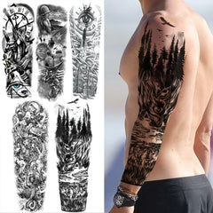 Dospita  -  Black Forest Wolf Temporary Tattoos Sleeve For Men Women Fake Soldier Compass Eye Tattoo Sticker Full Arm Washable Tatoos Sets