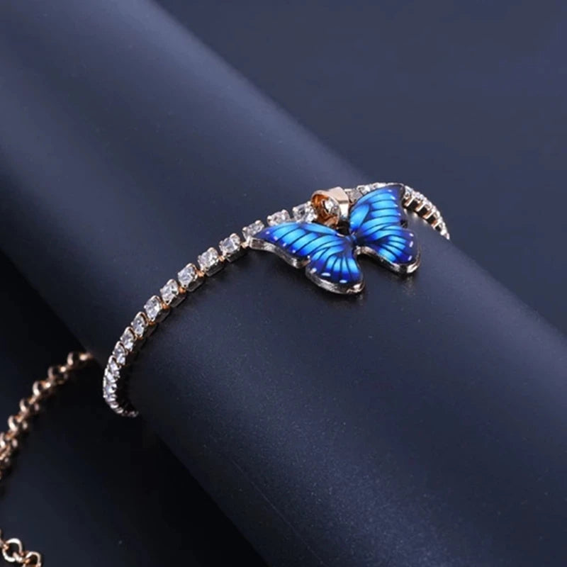 Dospita Bohemian Women Colorful Butterfly Pendant Anklets Fashion Rhinestone Tennis Foot Chain For Girls Summer Beach Accessories