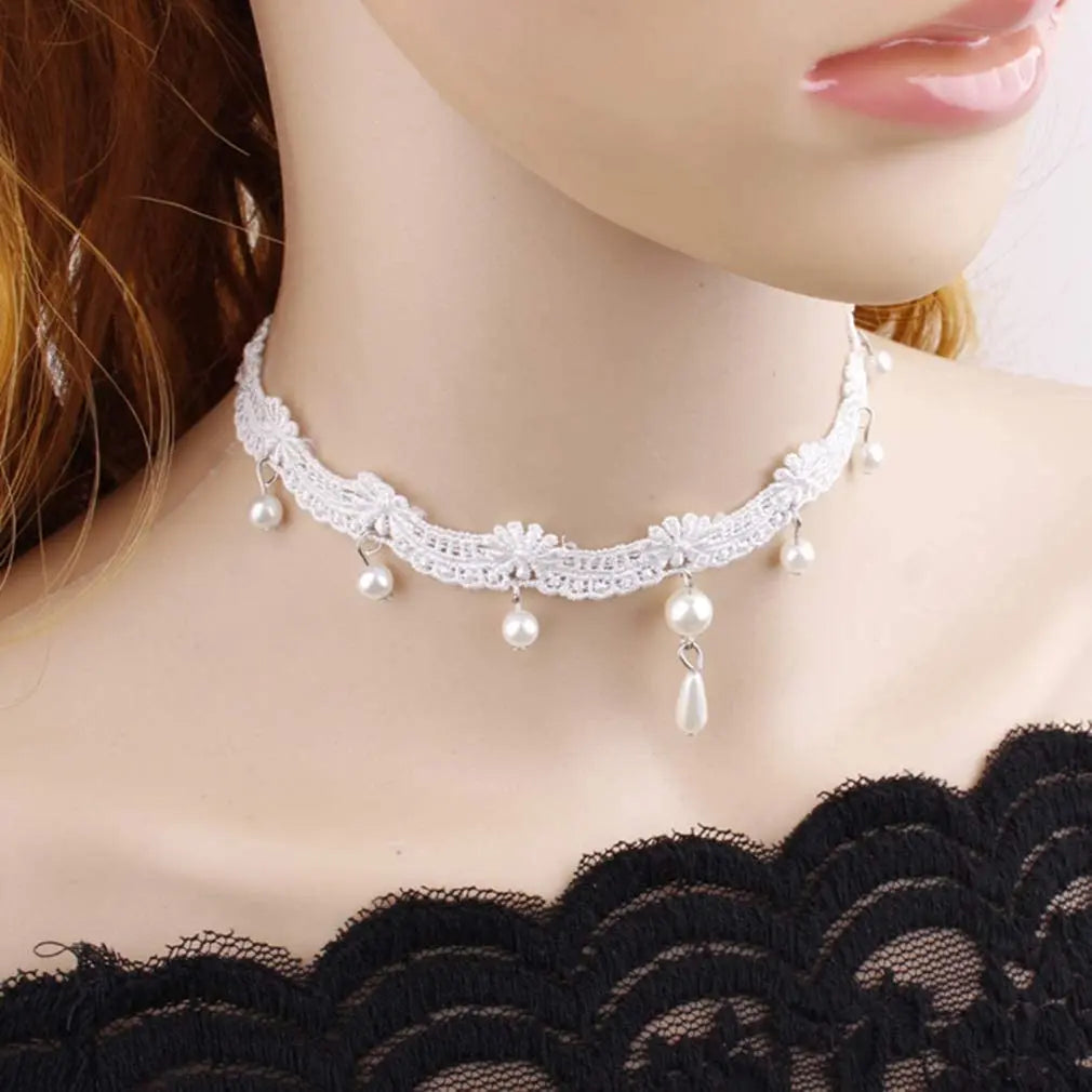 Dospita Elegant White Lace Choker Necklace With Imitation Pearls Gothic Pearl Tassel Choker Lolita Necklace Cosplay Party Jewelry Gifts