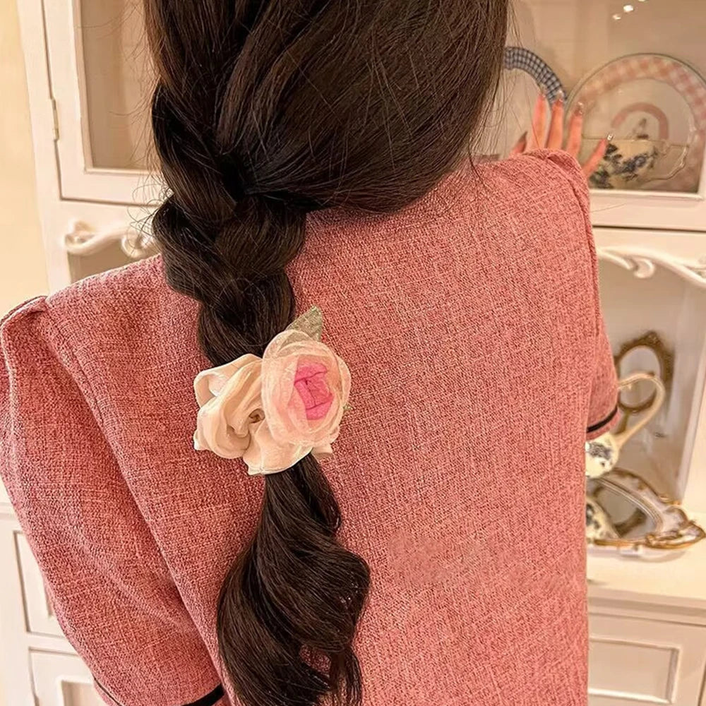 Dospita Elegant Camellia Flower Scrunchies Female Senior Dried Rose Hairpin Grab Clip Hairwear Headstring Bangs Clips Hairpin Headwear