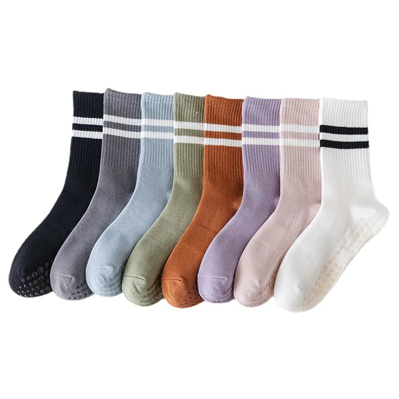 Dospita Striped yoga socks women's mid-tube socks non-slip cotton solid color non-slip silicone indoor fitness socks for women