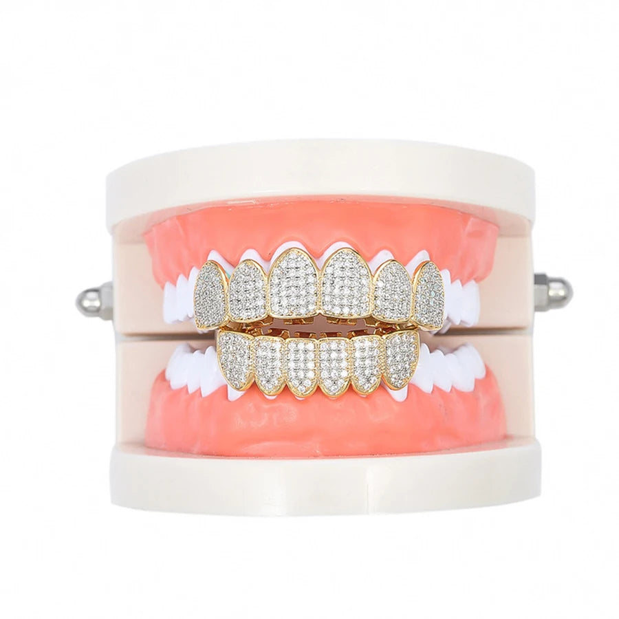 Dospita Hip Hop CZ Studded Grillz Teeth Men Iced Out Top & Bottom Punk Teeth Grills Tooth Caps Fashion Jewelry for Women