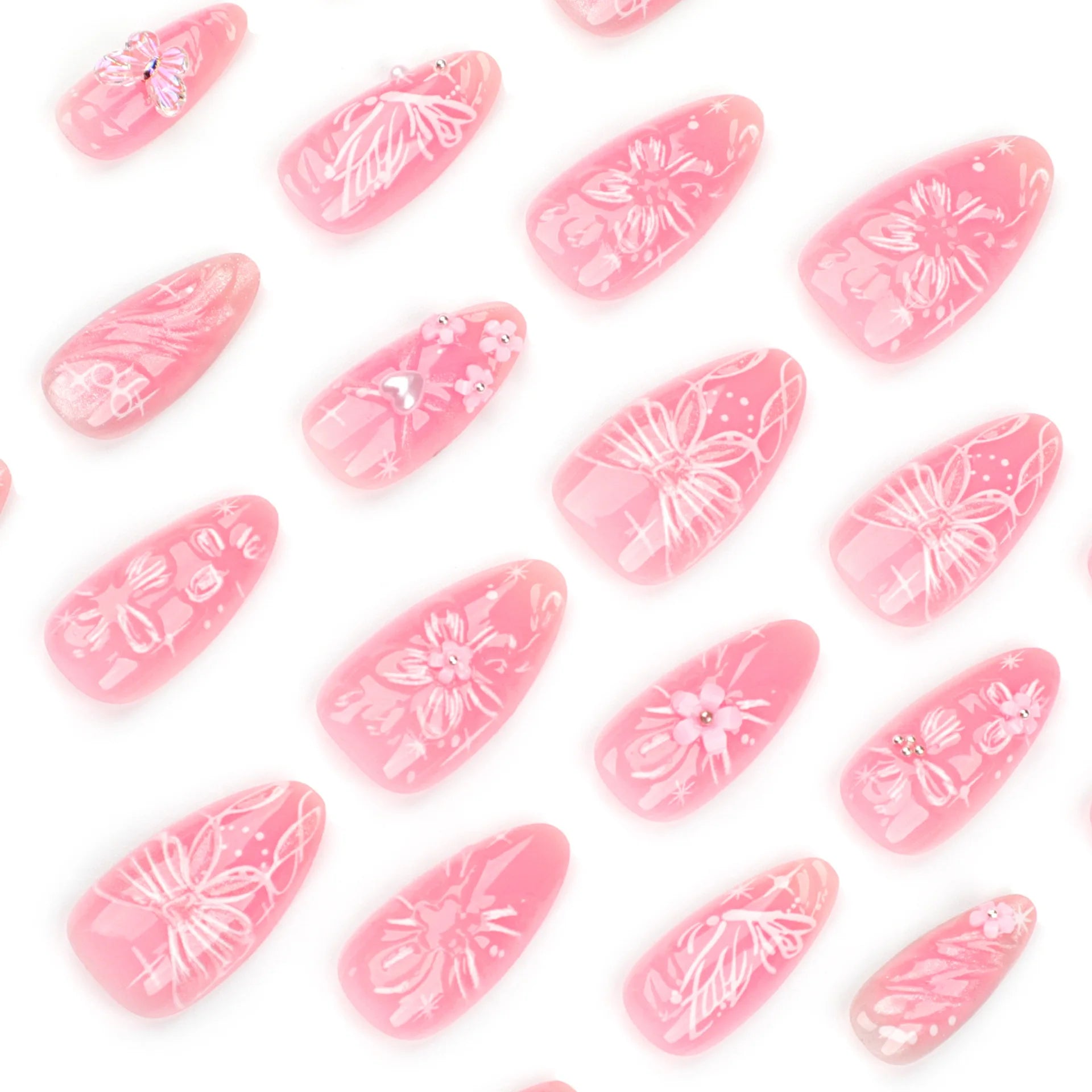 Dospita 24pcs 3D Pink Flower False Nails Sweet French Almond Fake Nail Patch Full Cover Wearable Hand-painted Butterfly Press on Nails