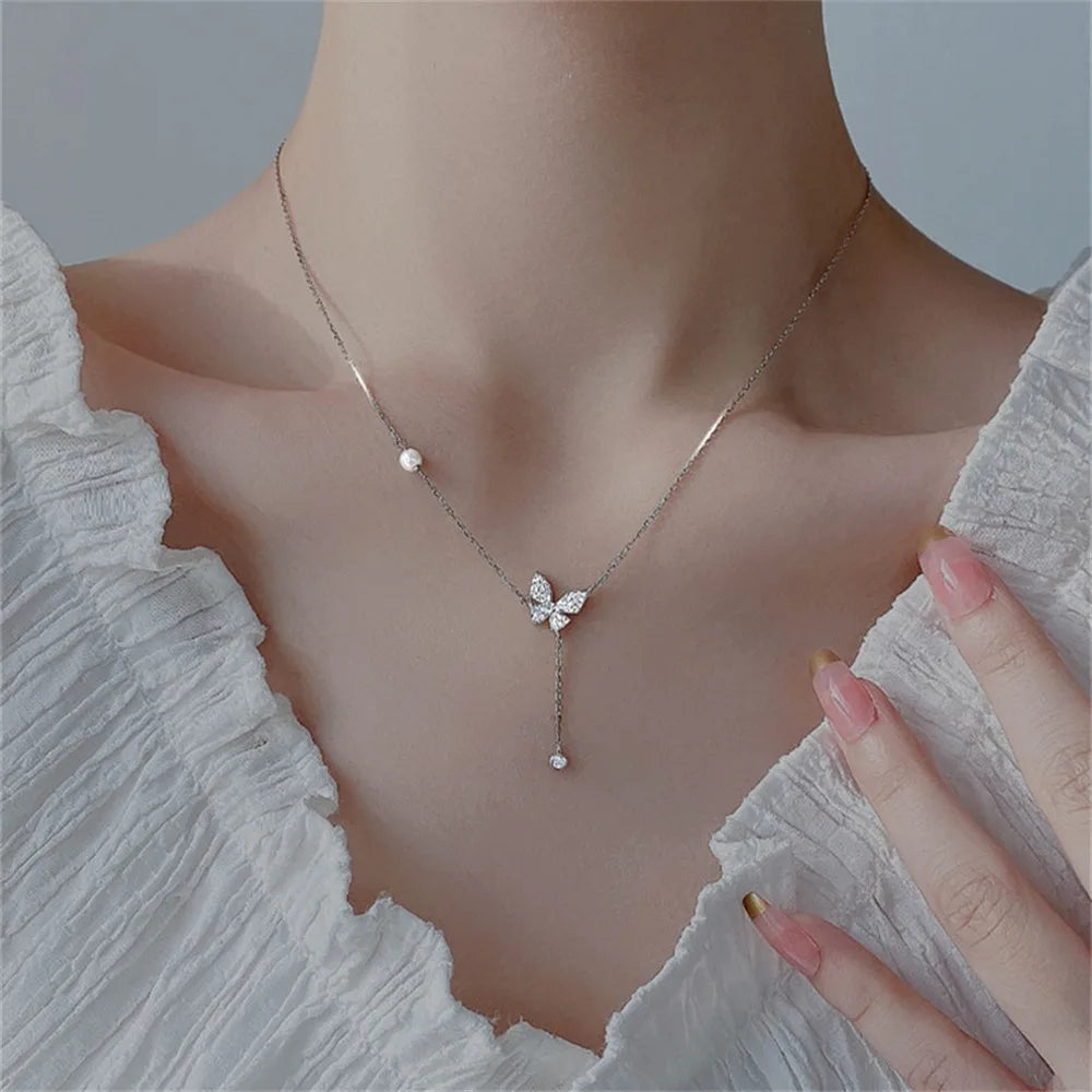 Dospita Shiny Y2K Silver Color Crystal Butterfly Necklace for Women Girls Kpop Layered Pendant Clavicle Chain Necklace Wedding Jewelry