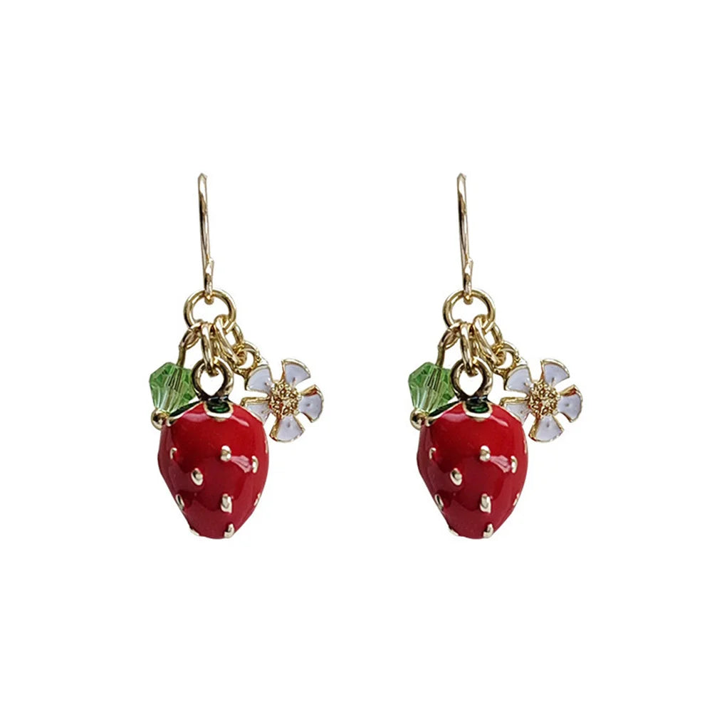 Dospita Cute Acrylic Strawberry Flower Earrings Fashionable Green Crystal Earrings For Women Romantic Jewelry Popular Accessories