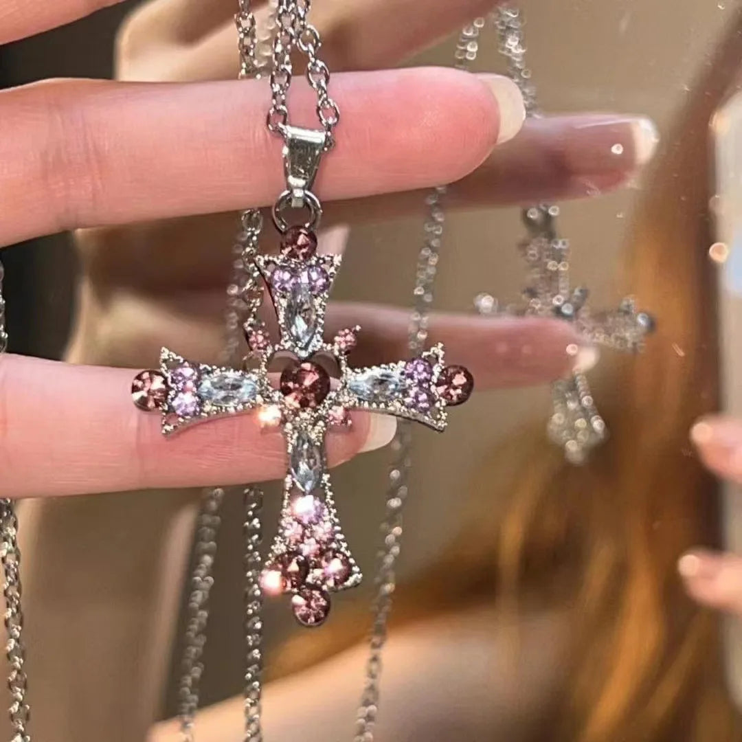 Dospita  -  Fashion Shiny Crystal Zircon Cross Pendant Necklace for Women Girl  Punk Party Jewelry