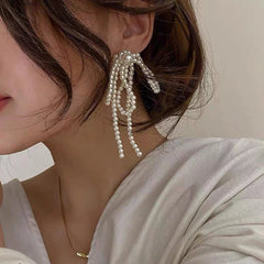 Dospita 2024 Korean Tassel Earrings Bow Handmade Pearl Beads Long Earring for Women Wedding Fashion Jewelry Temperament Dangle Ear Rings