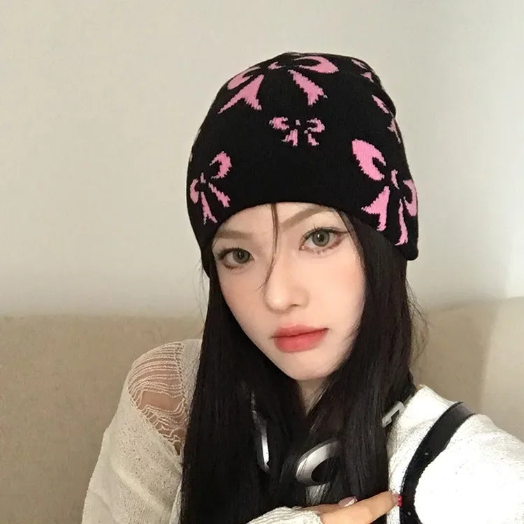 Dospita Street Graffiti Printed Baotou Cold Hat Blackpink Y2K Bow Retro Korean Knitted Hat Women Autumn and Winter Casual Versatile