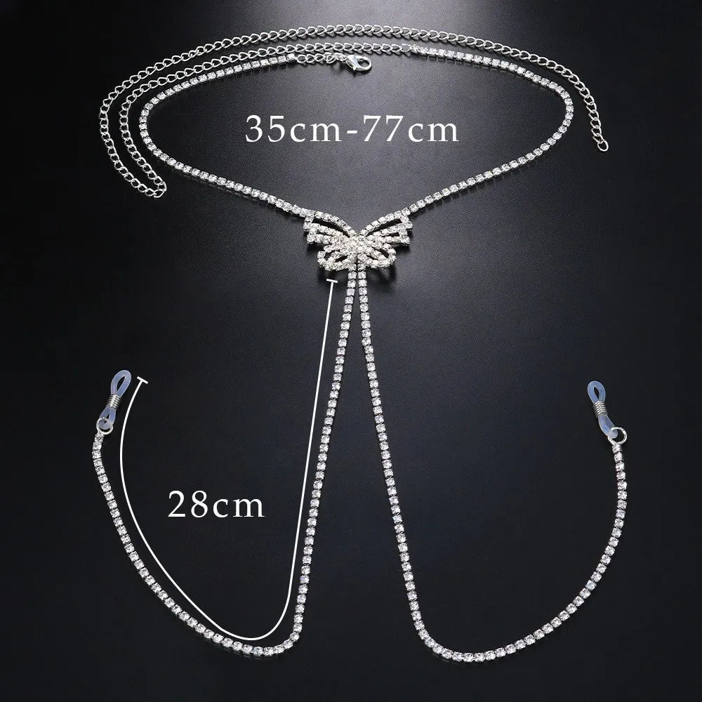 Dospita Sexy Chest ButterflyTassel Long Necklace Body Chain for Women Shinny Rhinestone Bra Body Chain Holiday Gift