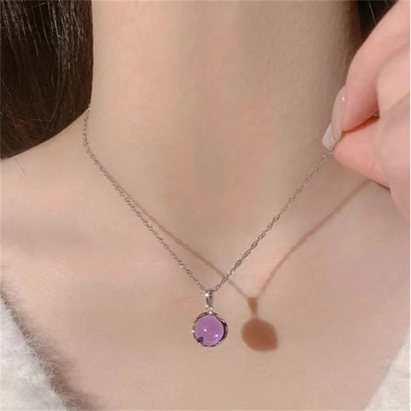 Dospita  -  Elegant Simple Design Purple Round Crystal Pendant Necklace For Women Shiny Crystal Fashion Party Jewelry