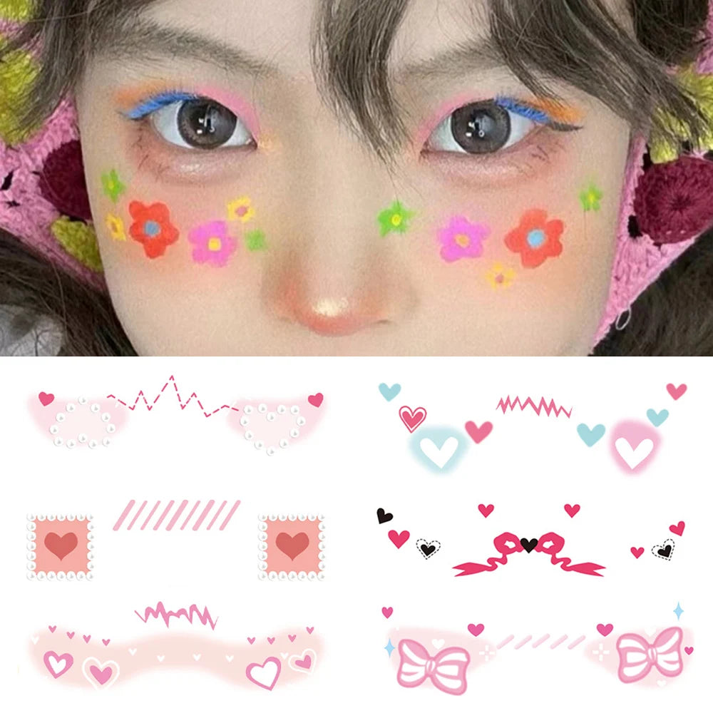 Dospita New Face Temporary Tattoos Cartoon Love Star Flowers Rainbow Face Freckle Sweet Tattoo Stickers For Girls Boys Makeup Party