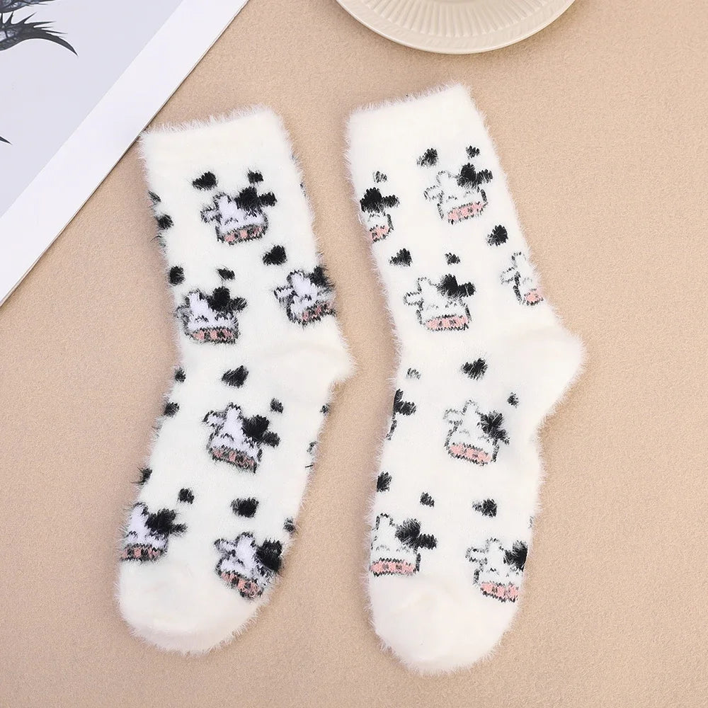 Dospita  -  Cartoon Cute Cow Mink Velvet Socks Women Winter Soft Fleece Plush Warm Home Sleep Boot Socks Kawaii Y2K Furry Thermal Tube Sox