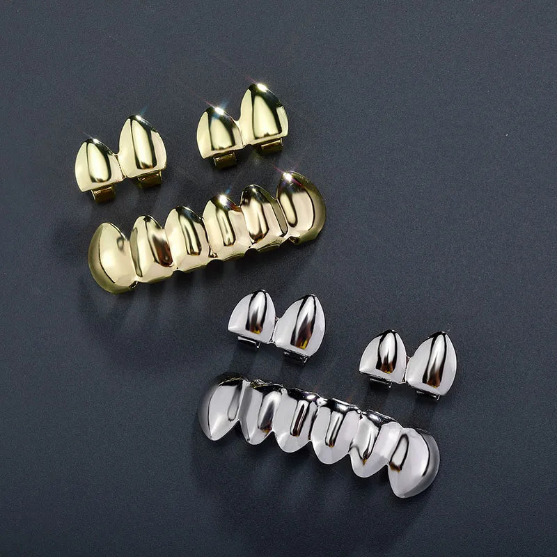 Dospita New Gold Silver Color Hip Hop Teeth for Mouth Grillz Caps Top&Bottom Grill Set Vampire Teeth for Halloween Party Sets Gifts