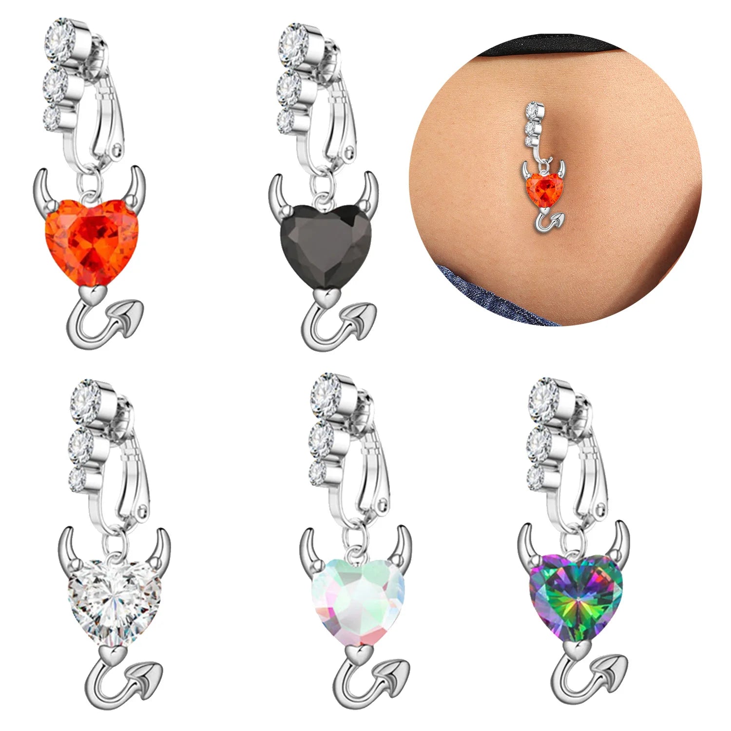 Dospita Heart Zircon Navel Belly Button Rings Little Devil Belly Button Piercing Ring Sexy Navel Surgical Steel Body Jewelry Earrings