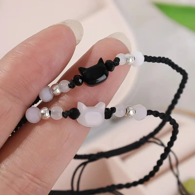 Dospita  -  1pair Natural Moonstone Obsidian Bracelets Couple Minimalist Bracelet Handmade Cute Black White Cat Bracelet Party Jewelry Gifts