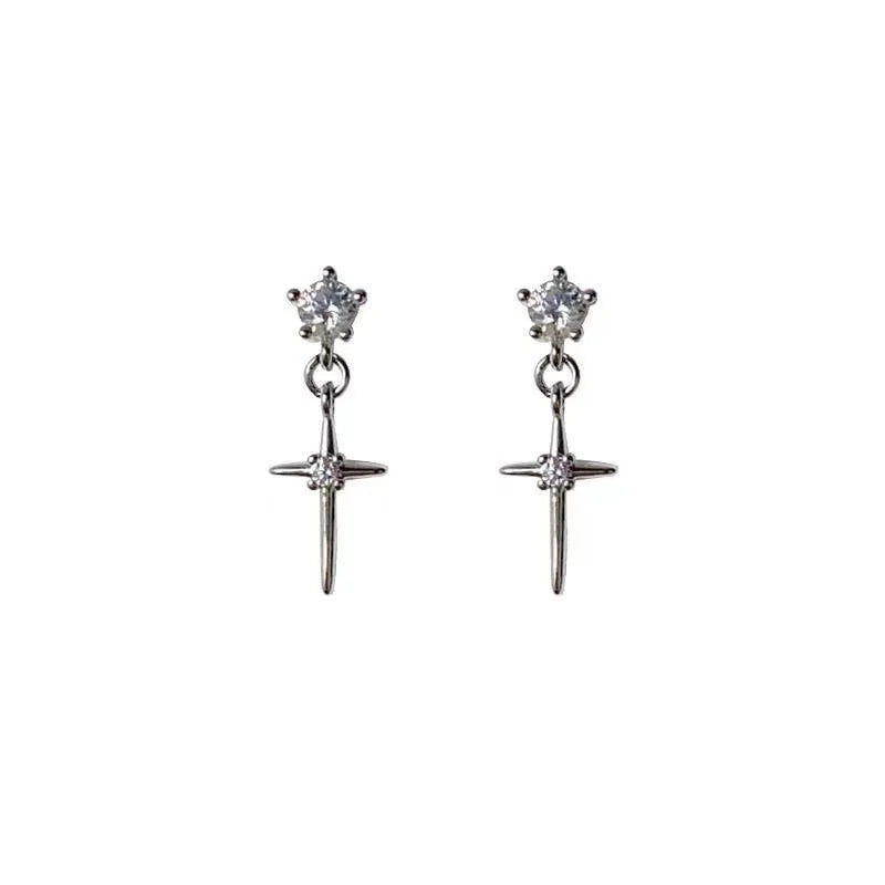 Dospita  -  Fashion Silver Color Zircon Stud Earrings for Women Shiny Cross Pendant Hoop Earring Hip Hop Ear Studs Jewelry Accessories