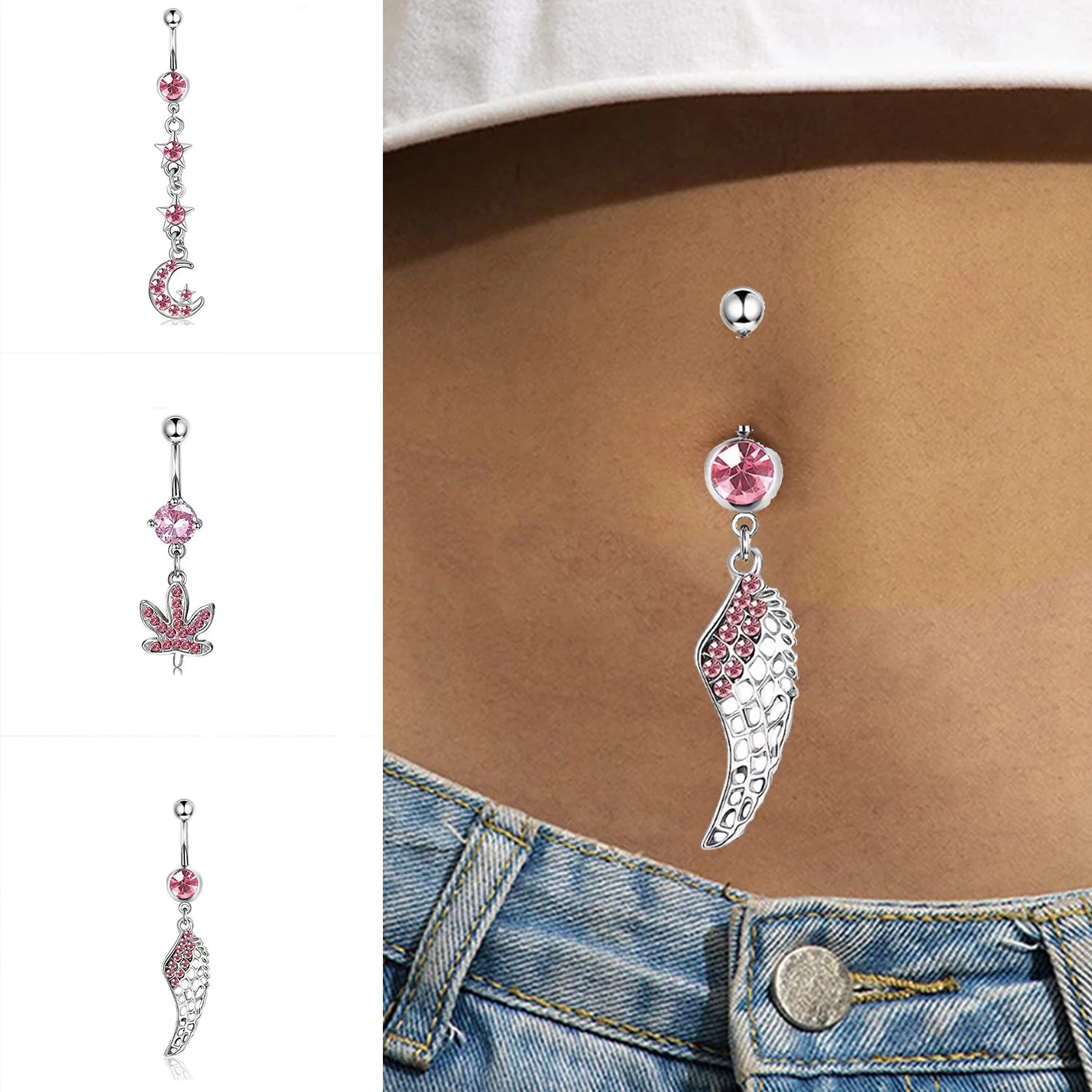 Dospita Exquisite Heart Shaped Crystal Zircon Lady Navel Ring Personality Moon Women Belly Button Piercing Surgical Steel Jewelry