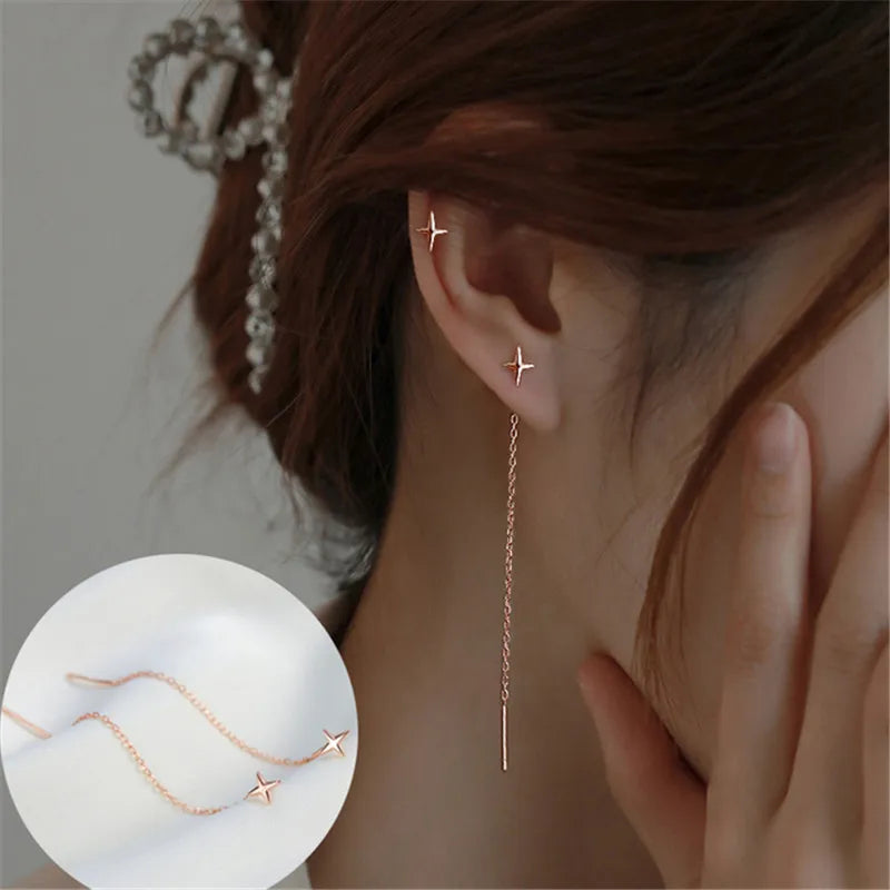 Dospita  -  Fashion Long Tassel Ear Line Earrings For Women Korean Temperament Crystal Fish Tail  Drop Earrings Girls Daily Party Jewelry