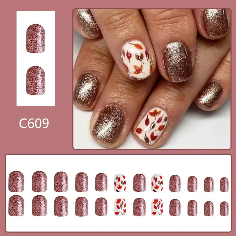 Dospita 24Pcs Short Square Press on Nail Frosted Warm Maple Leaf Fake Nails Detachable Wearable Nail for Women&Girl Autumn and winter