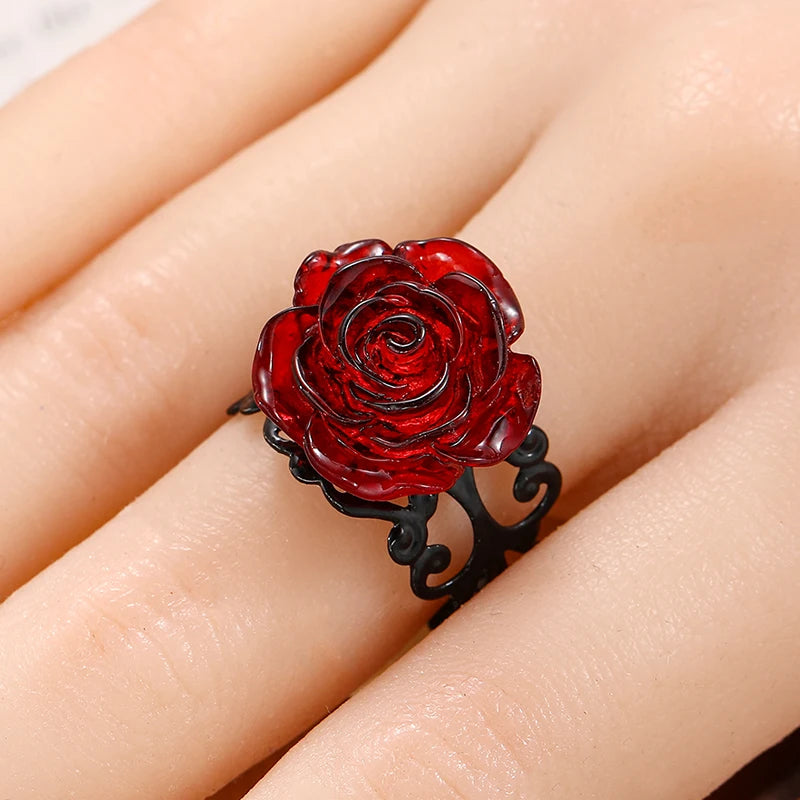 Dospita Vintage Gothic Red Rose Ring Adjustable Hollow Rings for Women Witch Pagan Punk Creative Halloween Cool Girl Gift Party Jewelry