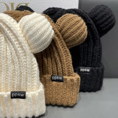 Dospita  -  Cute Bear Ear Knitted Wool Hat Women Fashion Hooded Thick Beanies Cap Winter Warm Woolen Hats Designer Kpop Personality Bonnet