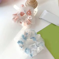 Dospita Hair Tie Hair Rope Embroidery Flowers Mesh Scrunchies Ponytail Transparent Tulle Romantic Pink Blue Hair Accessories